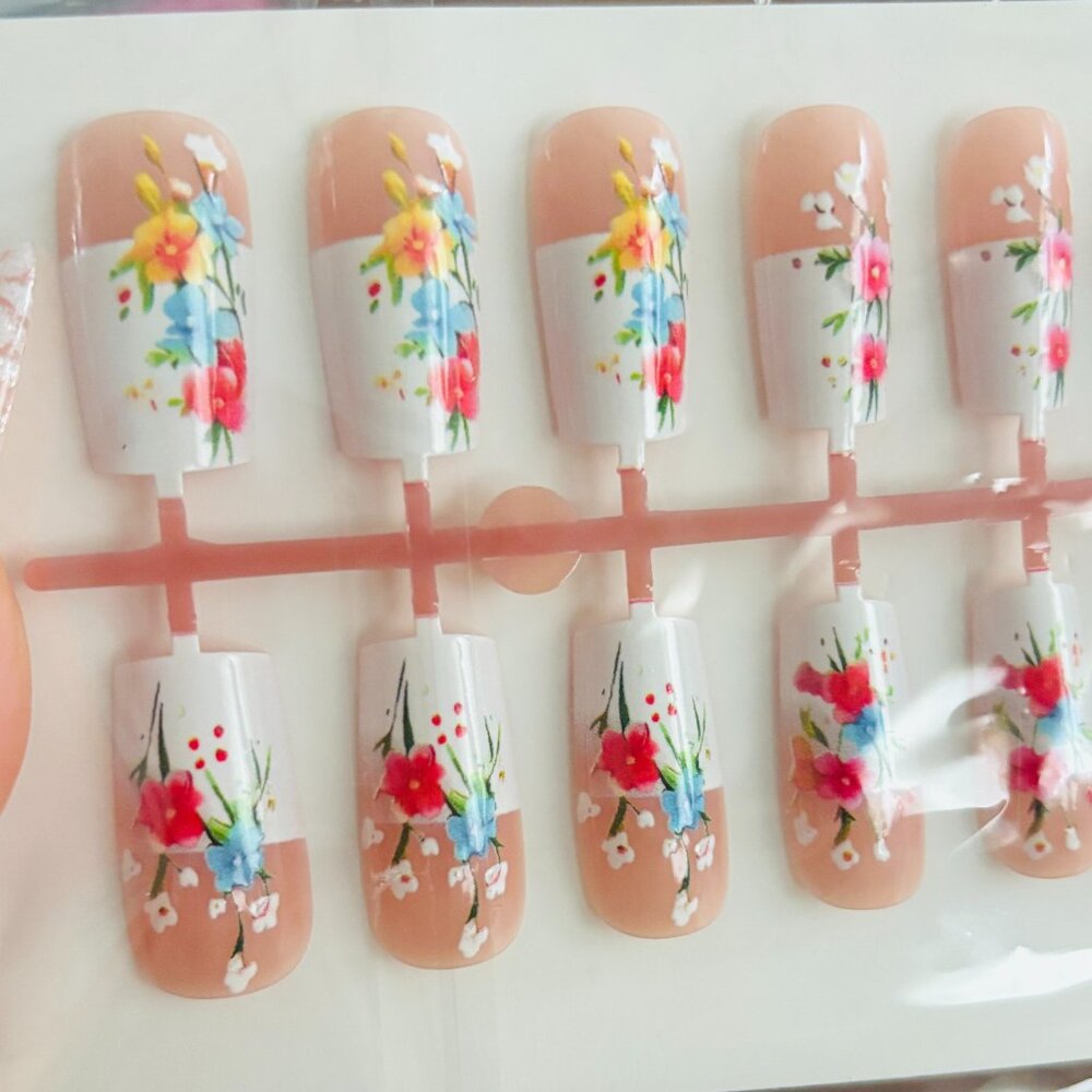 Colorful Flowers in Bloom French Nails Press On False Nails 24 pc Set